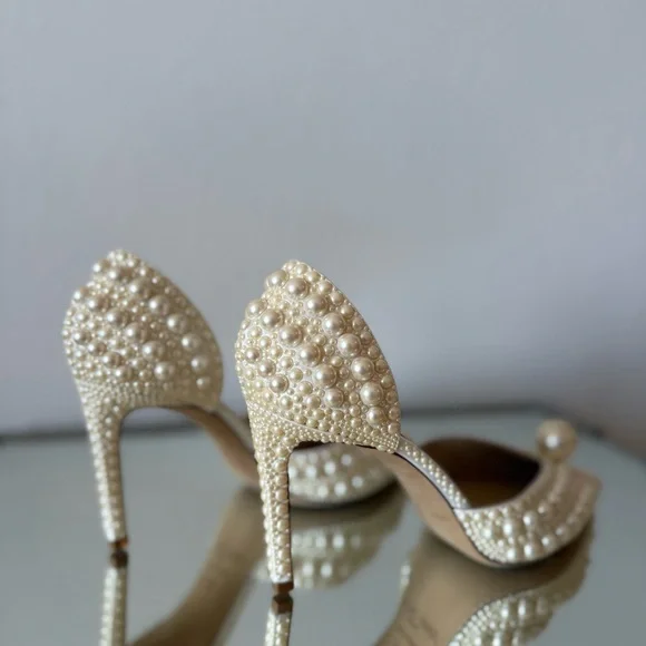 New JIMMY CHOO Sabine 85 faux pearl-embellished satin pumps 38 $1,895 - Picture 15 of 17